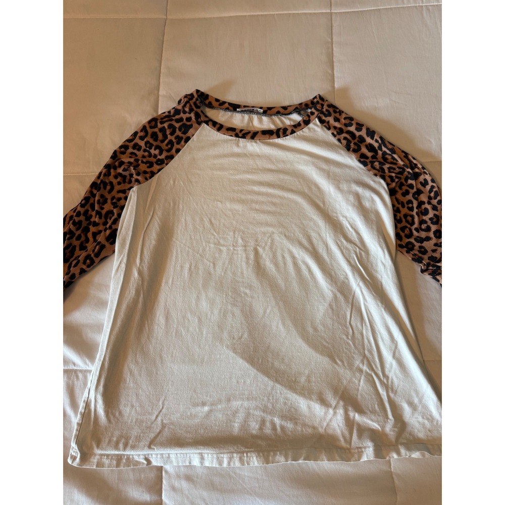 HUHOT Womens Leopard Print Raglan Sleeve Baseball T-Shirt White Brown Large